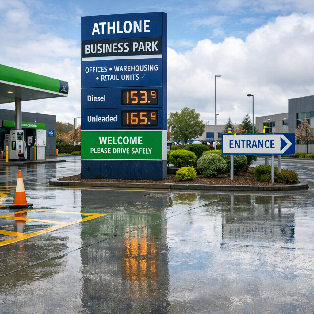 Commercial Pressure Washing for Safer Athlone Sites - clean empty commercial forecourt in Athlone with wet weather surfaces and clear signage