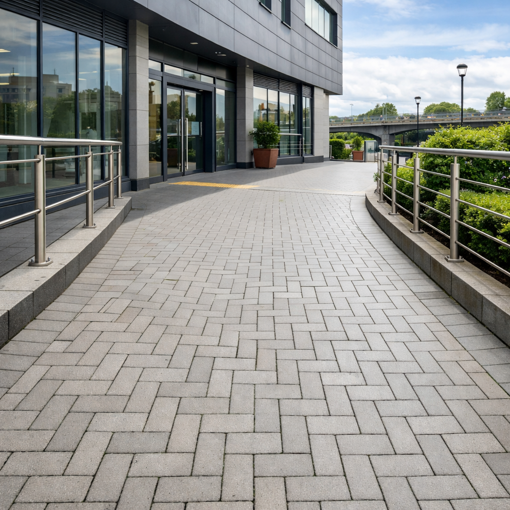 Commercial Pressure Washing for Safer Athlone Sites - empty commercial walkway with moss-free paving outside business premises in ireland